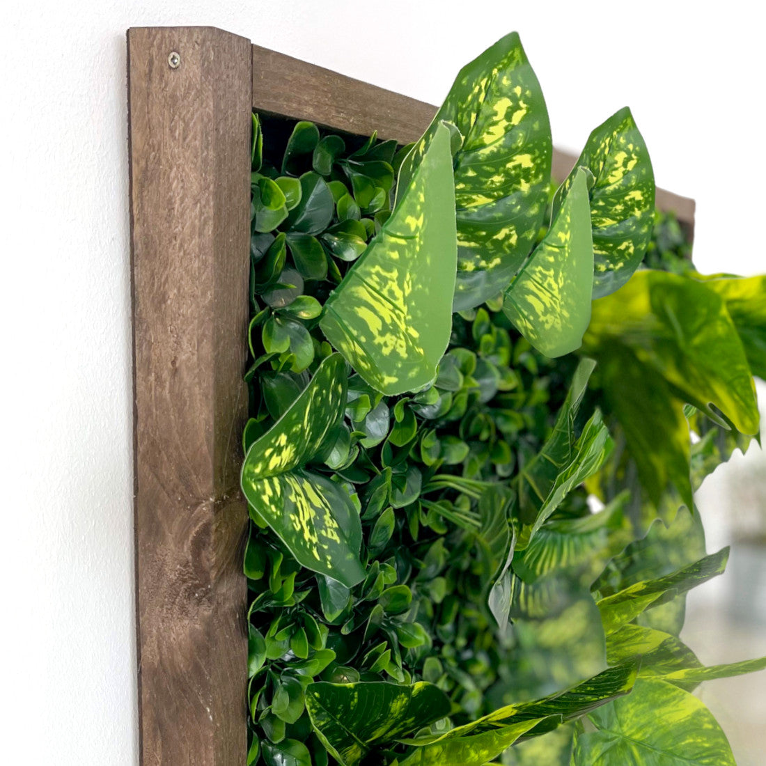 Plantframe/Pflanzenwand/Mooswand "CALI" aus Realtouch Kunstpflanzen mit Fichtenholzrahmen